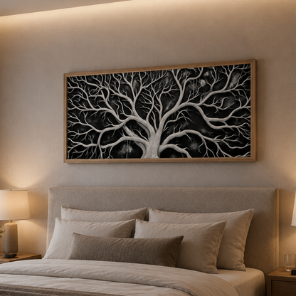Midnight Branches Black & White Panoramic Canvas Print