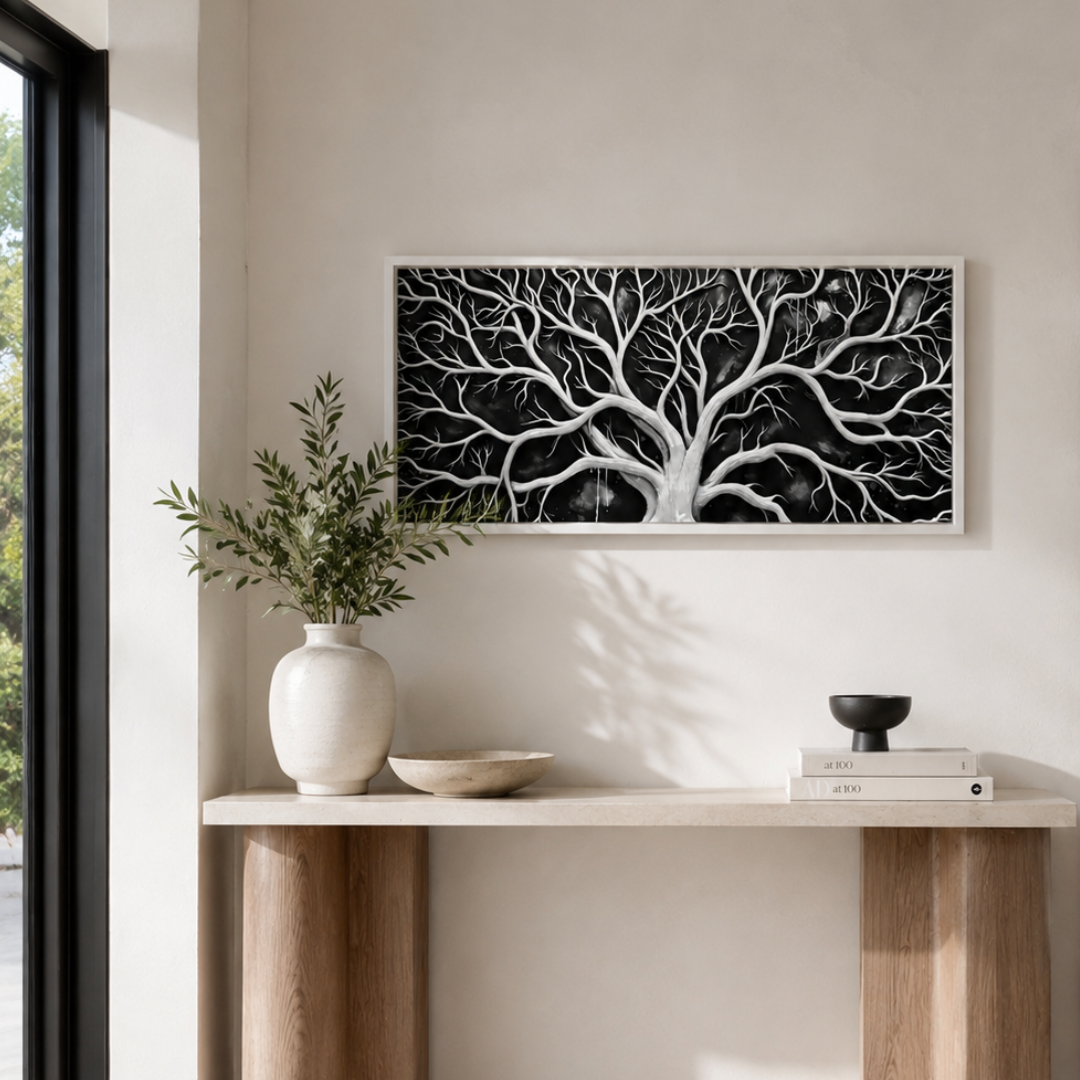 Midnight Branches Black & White Panoramic Canvas Print