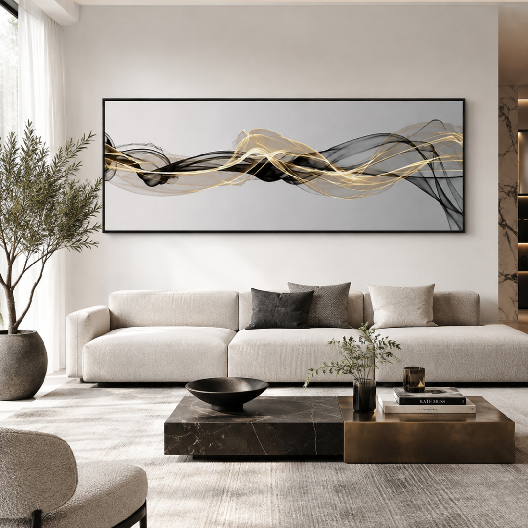 Black & Gold Flow Abstract Panoramic Poster Print