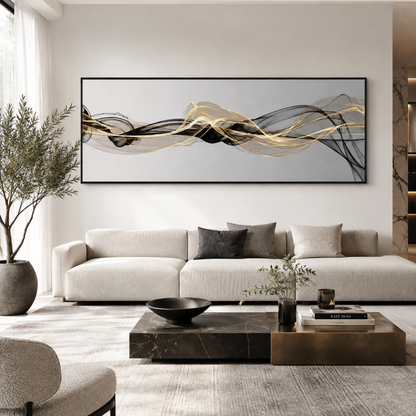 Black & Gold Flow Abstract Panoramic Poster Print