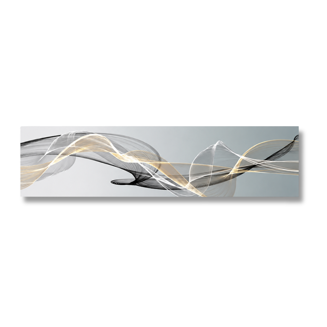 Abstract wall art print featuring flowing translucent wave-like lines in black, white, and warm gold over a light gray background, shown as a horizontal rectangular canvas on a white backdrop.