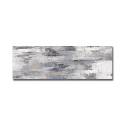 Abstract canvas wall art featuring textured brushstrokes in gray, white, and soft beige tones, shown against a plain white background.