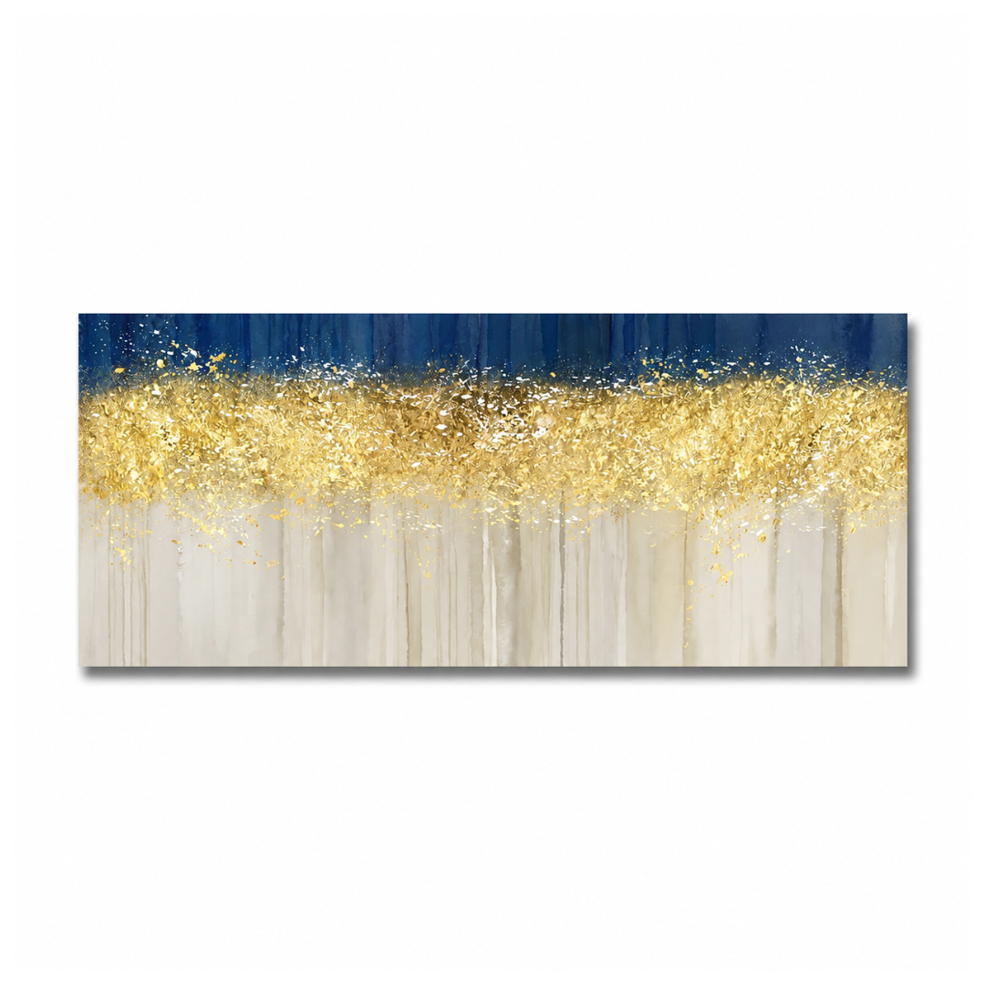 Abstract canvas wall art featuring a horizontal composition with a deep navy blue top section, a wide shimmering gold middle band, and a light beige lower section with vertical brushstroke textures.