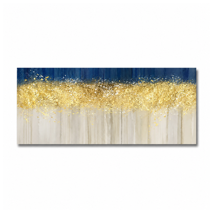 Abstract canvas wall art featuring a horizontal composition with a deep navy blue top section, a wide shimmering gold middle band, and a light beige lower section with vertical brushstroke textures.