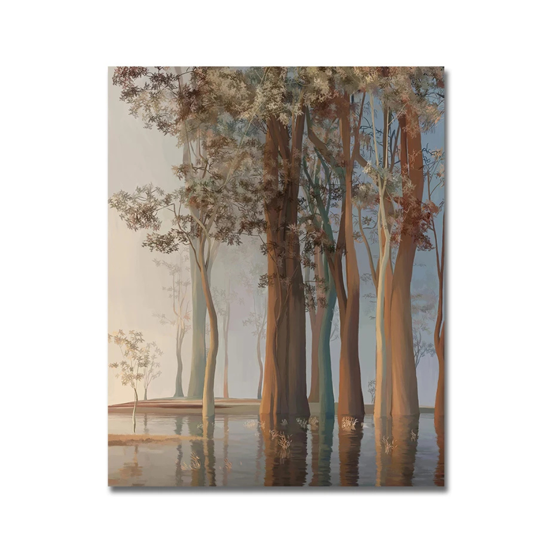 A vertical canvas art print depicting a serene forest of tall trees with brown trunks and pale foliage, standing in reflective water under a soft blue sky.