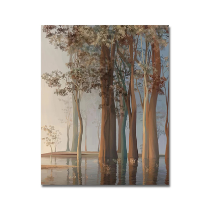 A vertical canvas art print depicting a serene forest of tall trees with brown trunks and pale foliage, standing in reflective water under a soft blue sky.