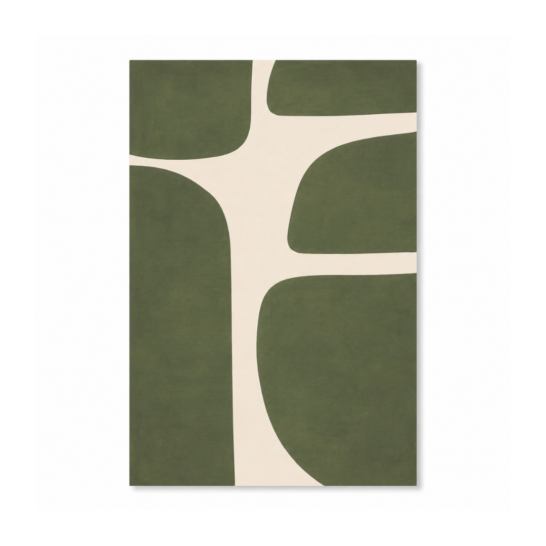An abstract rectangular wall art print featuring a minimalist design with dark olive green organic shapes and a cream-colored cross-like intersecting line, shown against a plain white background.