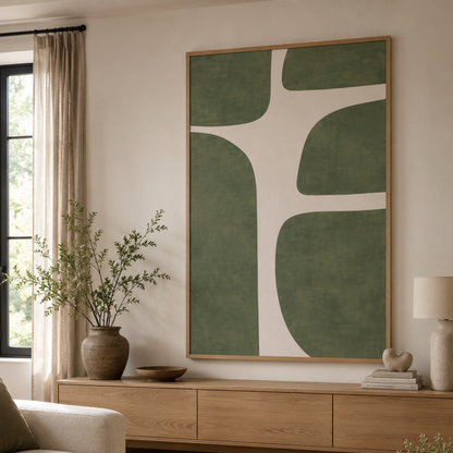 Large framed abstract wall art with organic shapes in muted green and off-white, displayed above a wooden console in a styled living room with a vase, lamp, and window.