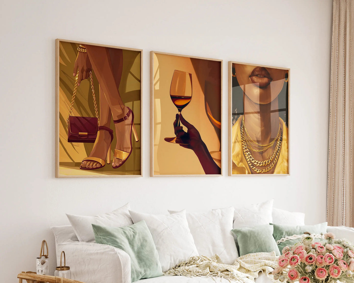Three-piece canvas of an African woman holding a wine glass