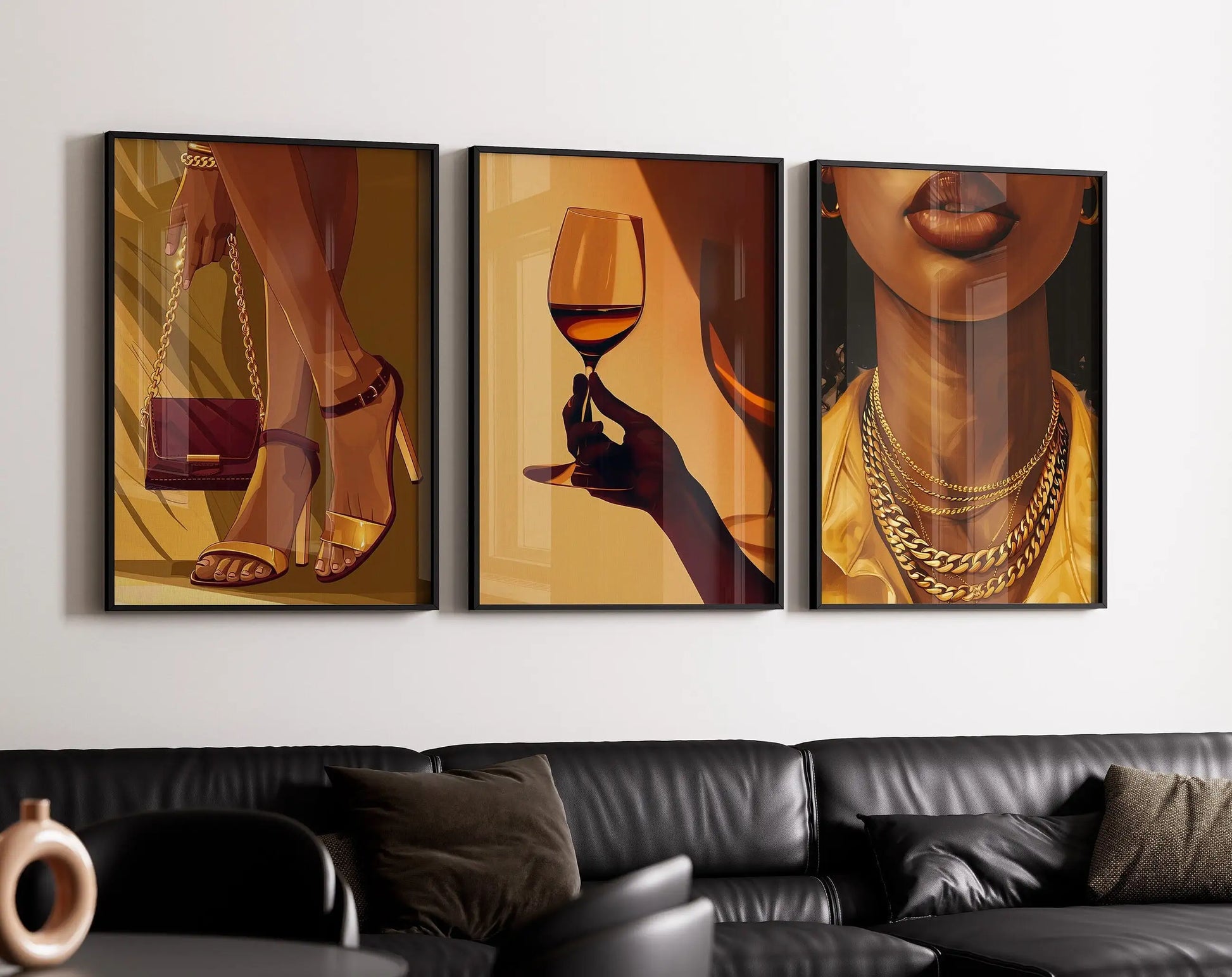 Three-piece canvas of an African woman holding a wine glass
