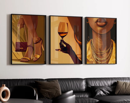 Three-piece canvas of an African woman holding a wine glass