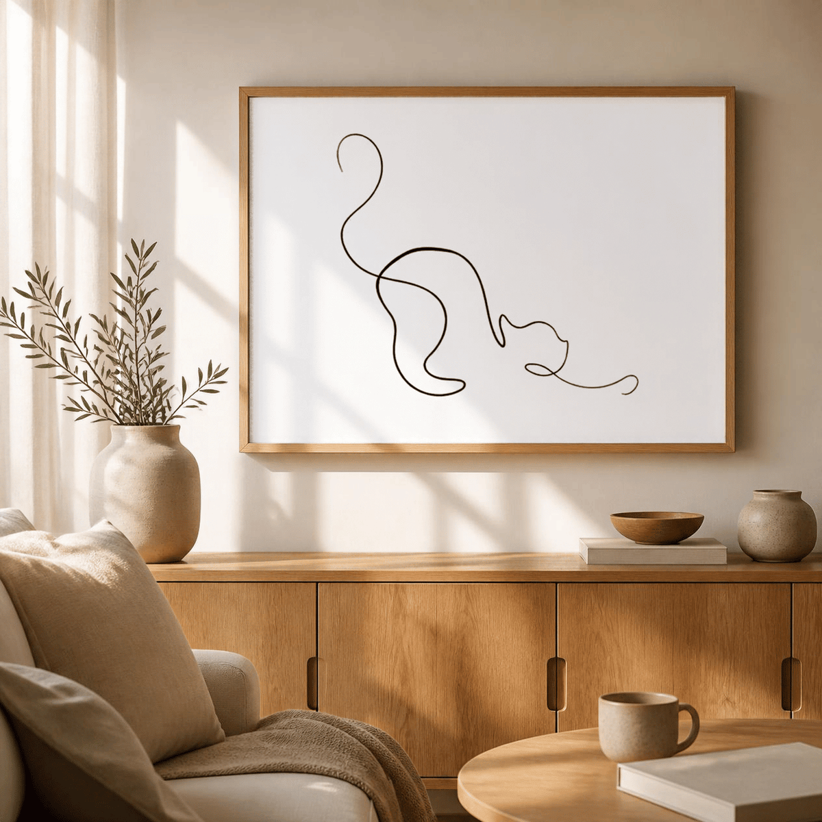 Playful Stretch Cat Line Art Canvas Print