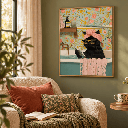 Sunday Soak Black Cat Canvas Print