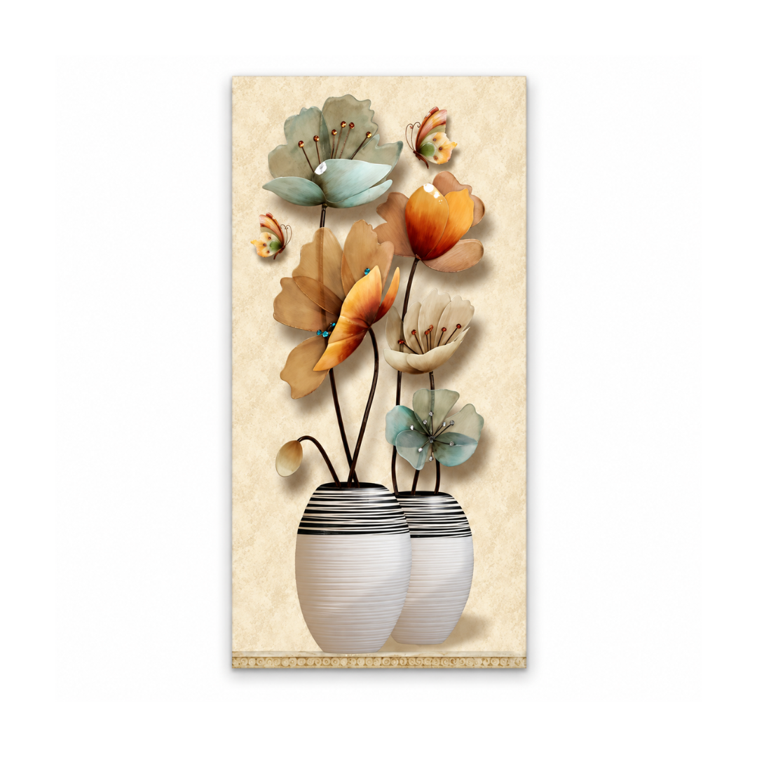 A vertical rectangular wall art print featuring a stylized floral arrangement in a white ribbed vase, set against a warm beige textured background. The flowers are rendered in muted orange, cream, and pale blue-green tones.