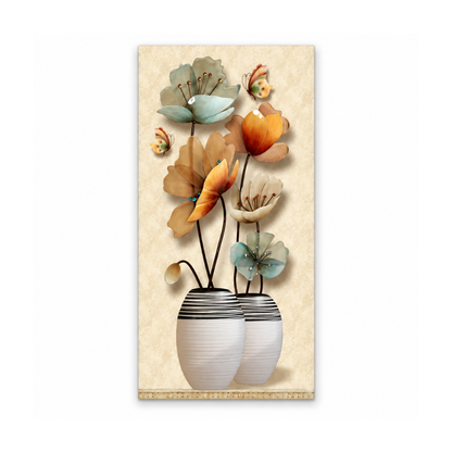 A vertical rectangular wall art print featuring a stylized floral arrangement in a white ribbed vase, set against a warm beige textured background. The flowers are rendered in muted orange, cream, and pale blue-green tones.