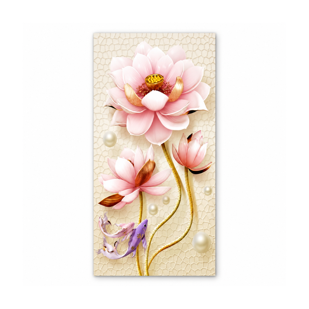 A vertical rectangular wall art print featuring three pink lotus flowers with gold stems on a textured beige background, accented with pearl-like white dots and a small purple fish near the bottom.
