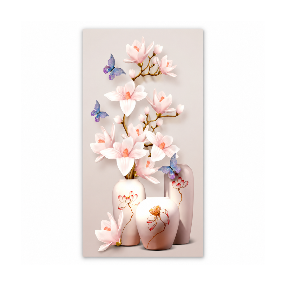 A vertical rectangular wall art print featuring a soft floral scene with pale pink blossoms, three white and blush ceramic vases, and small blue-purple butterflies on a light beige background.