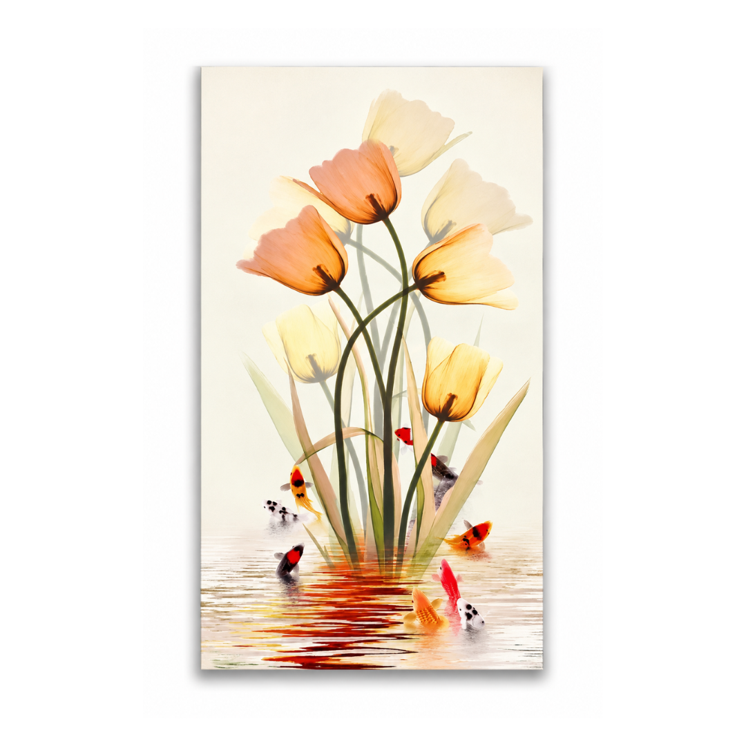 A vertical canvas wall art print featuring a stylized floral scene with peach and cream tulips rising from reflective water, with small red, orange, and black-and-white fish near the bottom. The artwork is shown centered on a light gray background with a soft drop shadow.