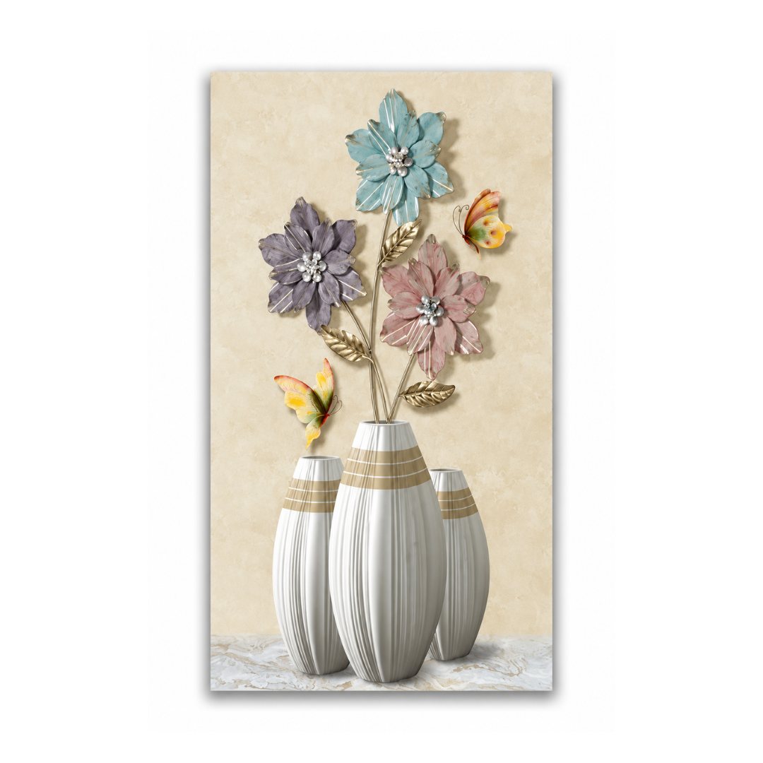 A vertical wall art print or canvas featuring three ribbed white vases with gold bands, holding stylized flowers in pastel blue, lavender, pink, and yellow tones against a warm beige background.