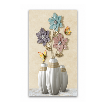 A vertical wall art print or canvas featuring three ribbed white vases with gold bands, holding stylized flowers in pastel blue, lavender, pink, and yellow tones against a warm beige background.