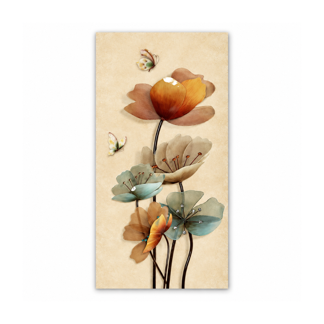 A vertical rectangular wall art print featuring stylized flowers and butterflies on a warm beige background. The floral design includes orange, tan, and muted blue-green blossoms with dark stems, centered on a plain white backdrop.