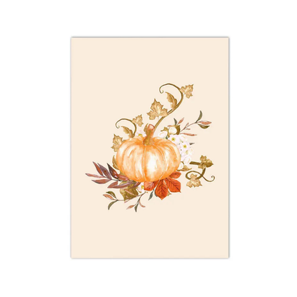 A vertical art print featuring a watercolor-style autumn floral design with a small orange pumpkin, fall leaves, and vines on a warm cream background.
