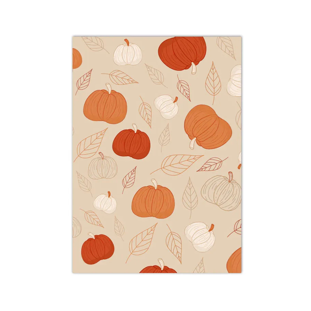 A rectangular art print or card featuring a repeating autumn pattern of orange and white pumpkins with delicate leaves on a warm beige background, shown against a plain white backdrop.
