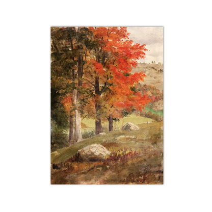 A vertical landscape art print depicting autumn trees with vibrant red and orange foliage, set against a neutral off-white background.