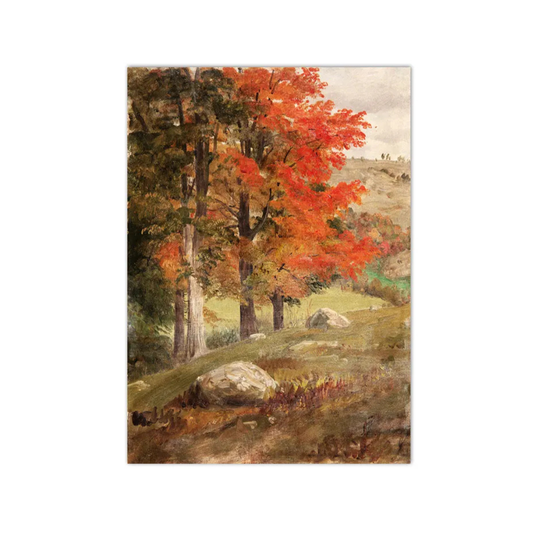A vertical landscape art print depicting autumn trees with vibrant red and orange foliage, set against a neutral off-white background.