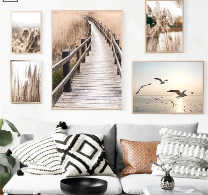 dried flowers with reeds, bridge and lake bird Nordic canvas wall art