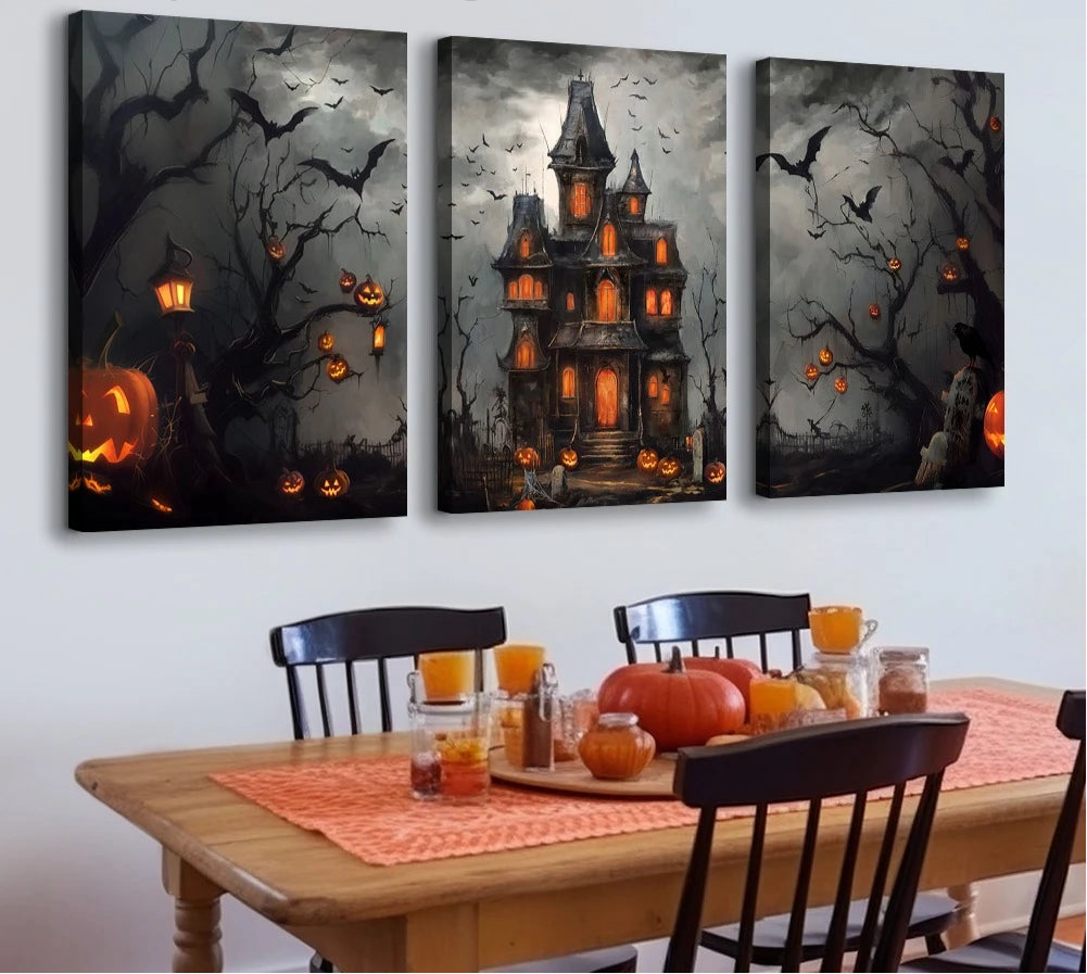 Vintage dark castle with bats Halloween canvas wall art