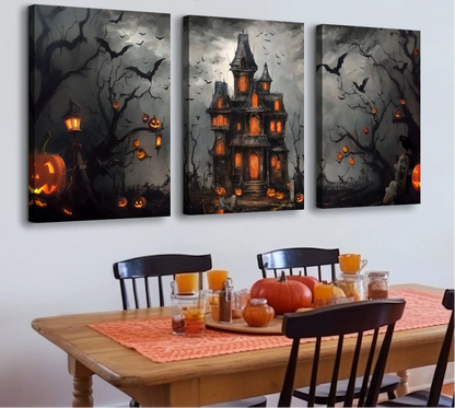 Vintage dark castle with bats Halloween canvas wall art