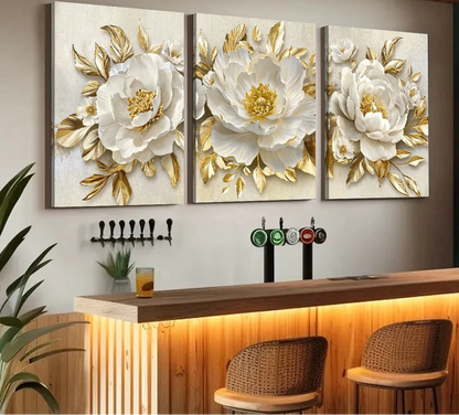 Modern platinum and gold leaf flower canvas wall art