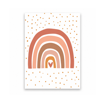 A vertical art print featuring a retro-style rainbow with concentric arches in terracotta, peach, tan, and mustard, with small gold polka dots on a white background.