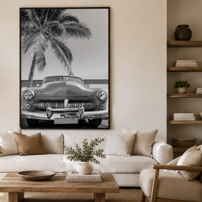 Palm Drive Vintage Convertible Black And White Canvas Print