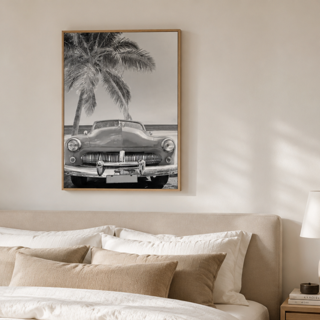 Palm Drive Vintage Convertible Black And White Canvas Print