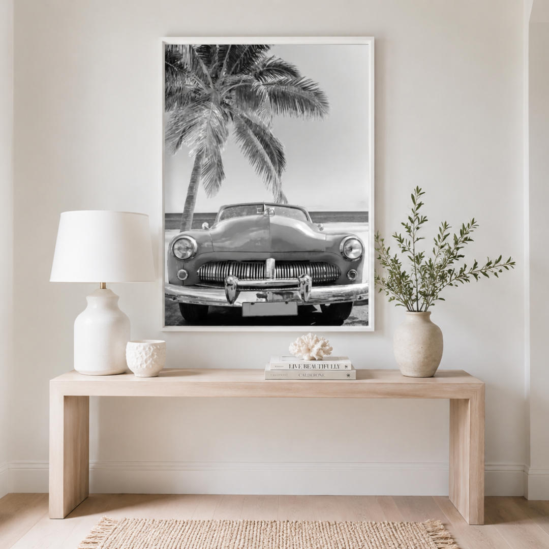 Palm Drive Vintage Convertible Black And White Canvas Print