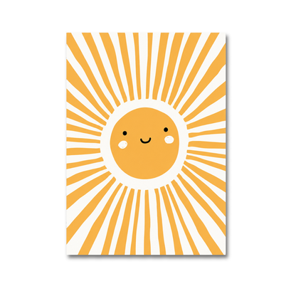 A vertical art print featuring a cute, smiling yellow sun with radiating yellow stripes on a white background, shown as a mockup with a subtle drop shadow.