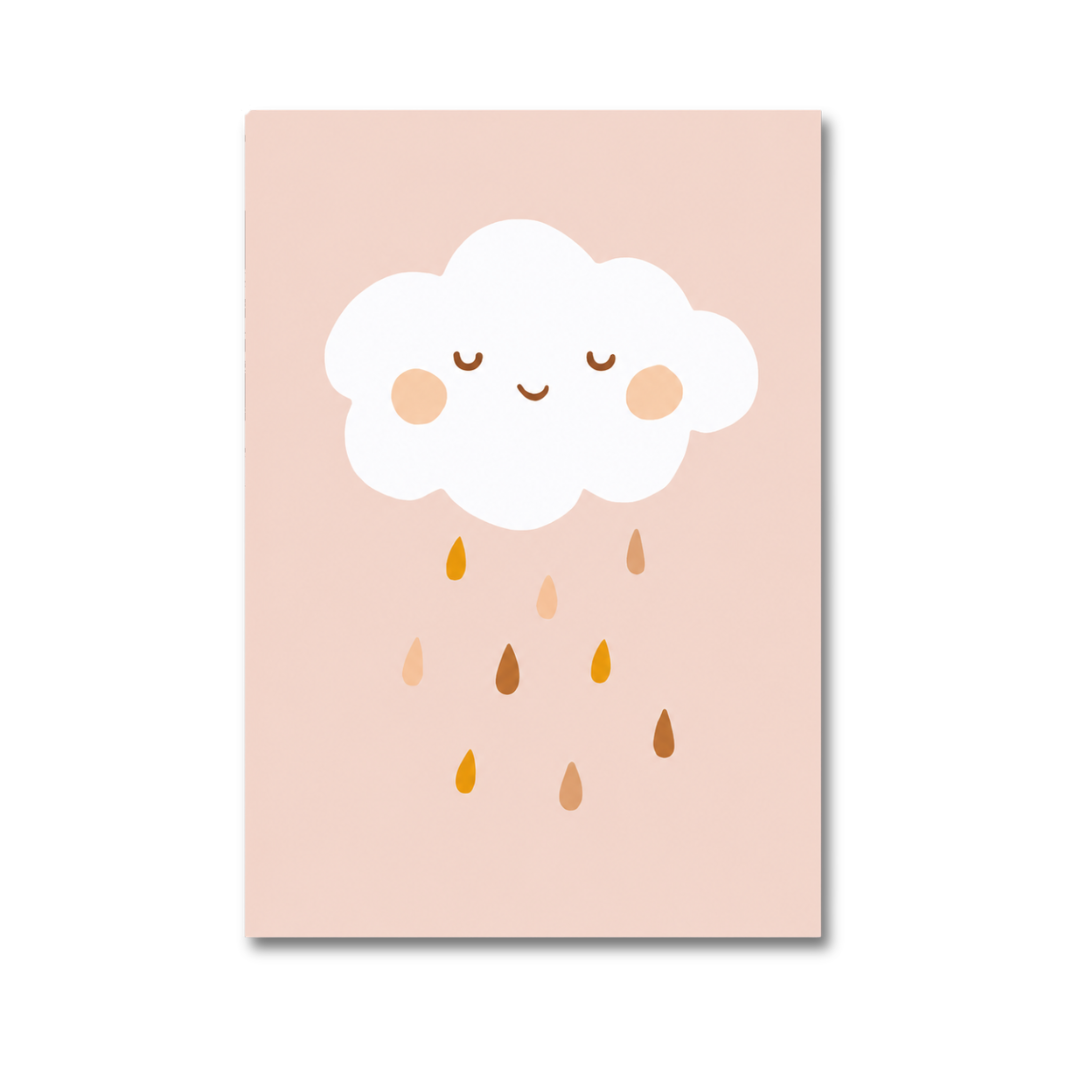 A vertical art print or card featuring a cute cartoon cloud with a smiling face and small raindrops on a soft blush pink background, shown against a clean white backdrop.