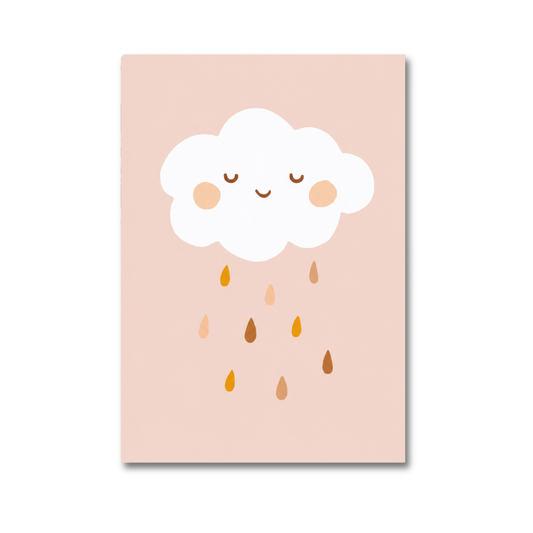 A vertical art print or card featuring a cute cartoon cloud with a smiling face and small raindrops on a soft blush pink background, shown against a clean white backdrop.