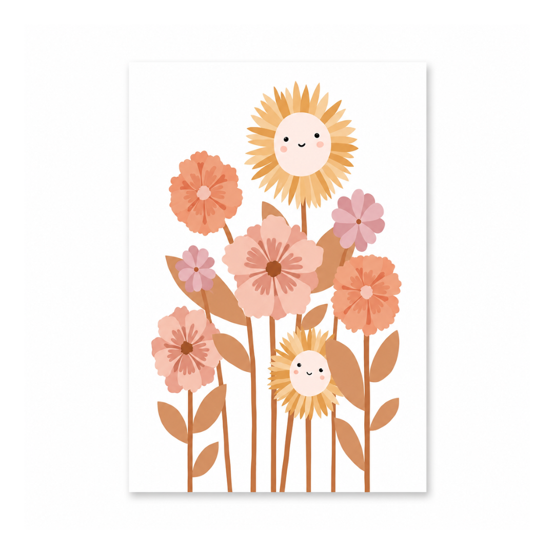 A vertical art print featuring a whimsical illustration of smiling sunflowers and flowers in shades of peach, pink, and orange on a white background.