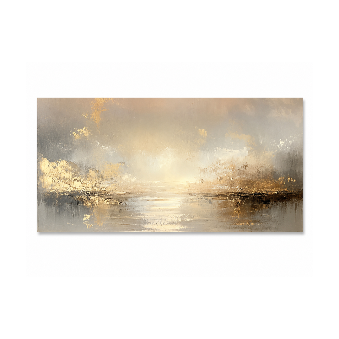 Abstract landscape canvas wall art featuring a misty golden sunrise or sunset over calm water, rendered in soft beige, gold, gray, and brown tones.