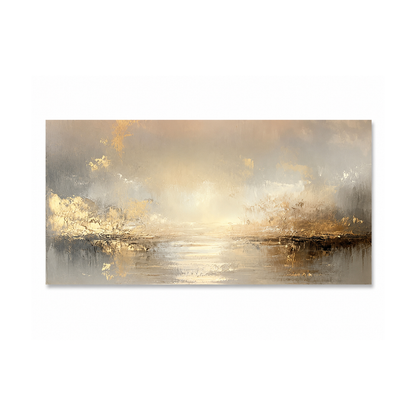 Abstract landscape canvas wall art featuring a misty golden sunrise or sunset over calm water, rendered in soft beige, gold, gray, and brown tones.