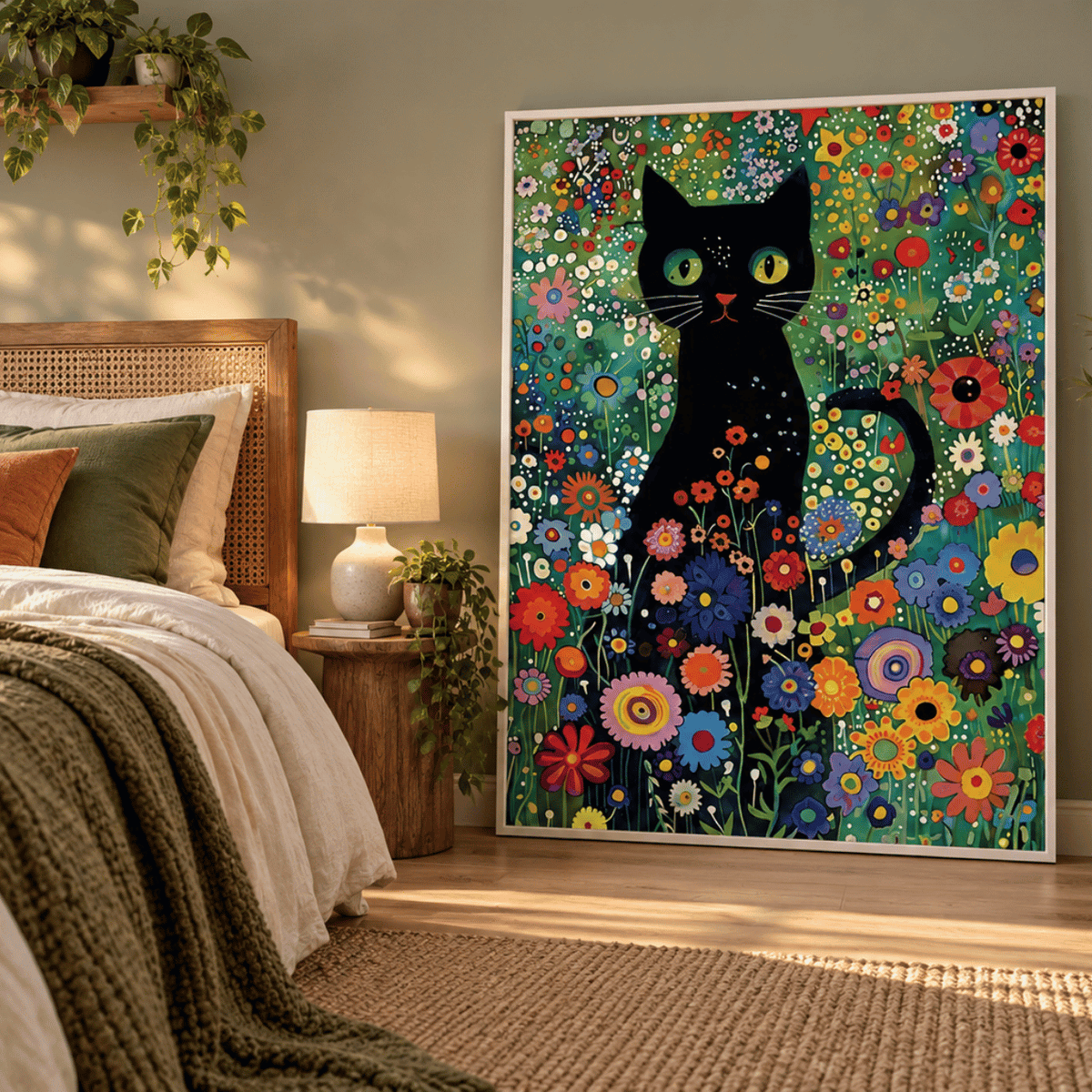 Midnight Bloom Black Cat Canvas Print