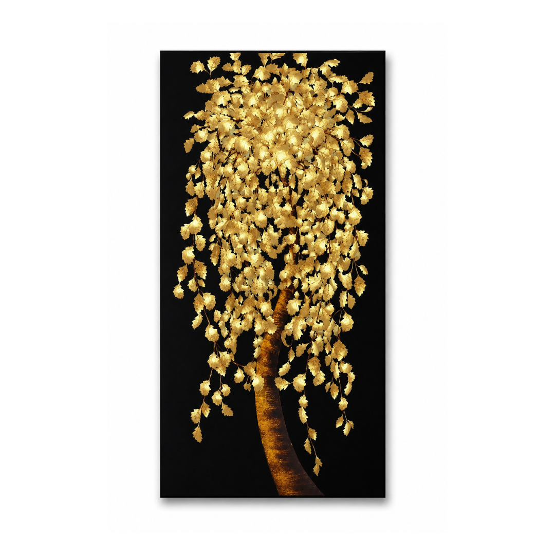 A vertical rectangular wall art print featuring a stylized tree with shimmering gold leaves and a brown trunk against a solid black background, shown centered on a light gray backdrop.
