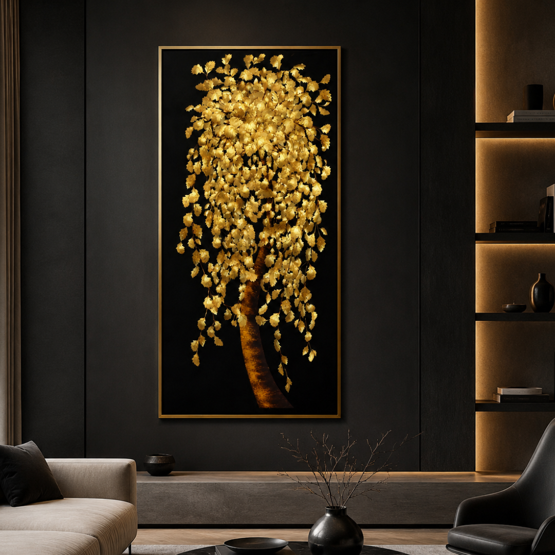 A vertical framed wall art piece featuring a stylized tree with dense gold leaves against a black background, displayed in a modern living room setting with dark paneled walls, shelving, and seating.