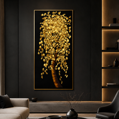 A vertical framed wall art piece featuring a stylized tree with dense gold leaves against a black background, displayed in a modern living room setting with dark paneled walls, shelving, and seating.