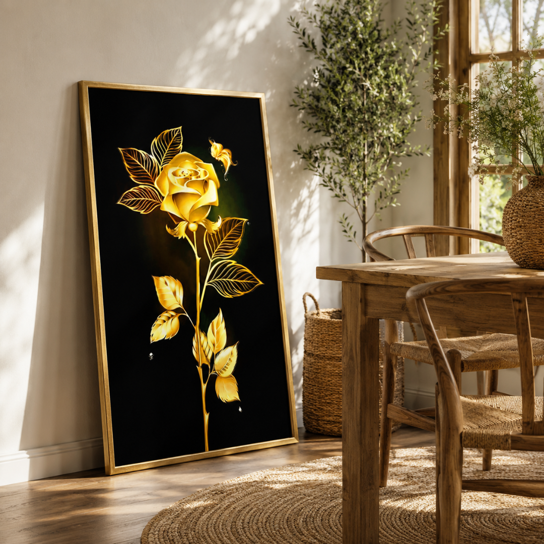 A large vertical framed wall art print leaning against a wall in a sunlit dining room. The artwork shows a single golden rose with leaves on a black background, enclosed in a thin gold frame.