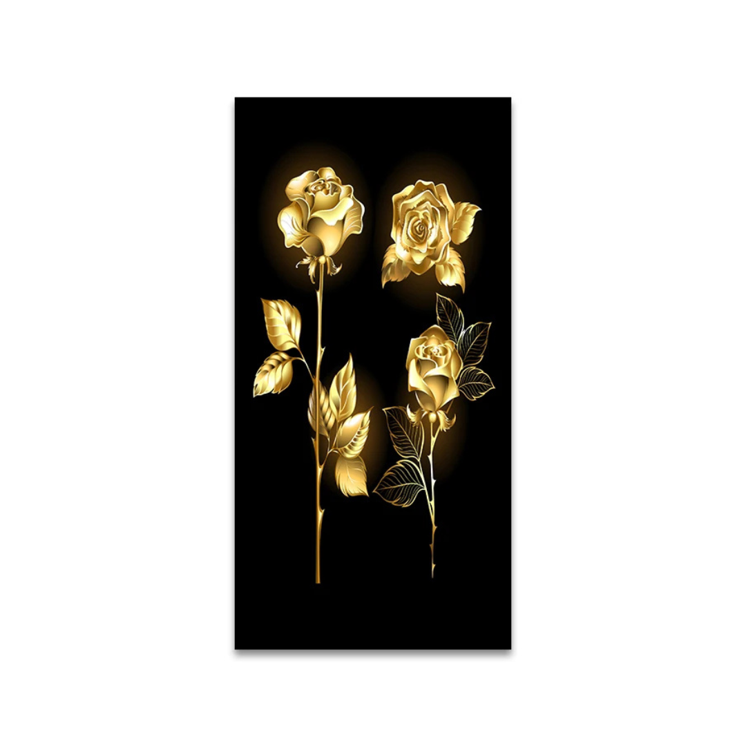 A vertical rectangular art print featuring three stylized golden roses on a black background, shown centered against a light gray backdrop.