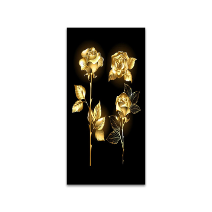 A vertical rectangular art print featuring three stylized golden roses on a black background, shown centered against a light gray backdrop.